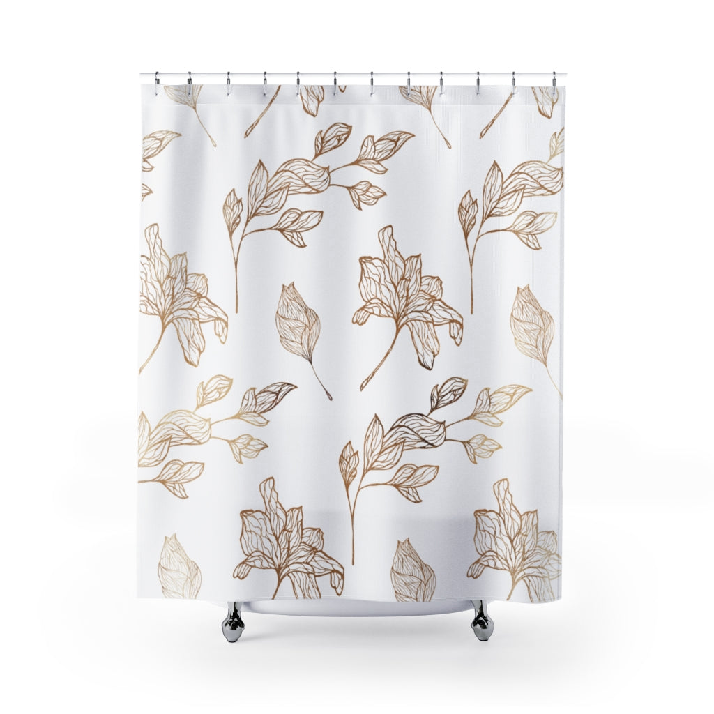 Gold Print Floral Shower Curtain, Gold and White Shower Curtain, 71